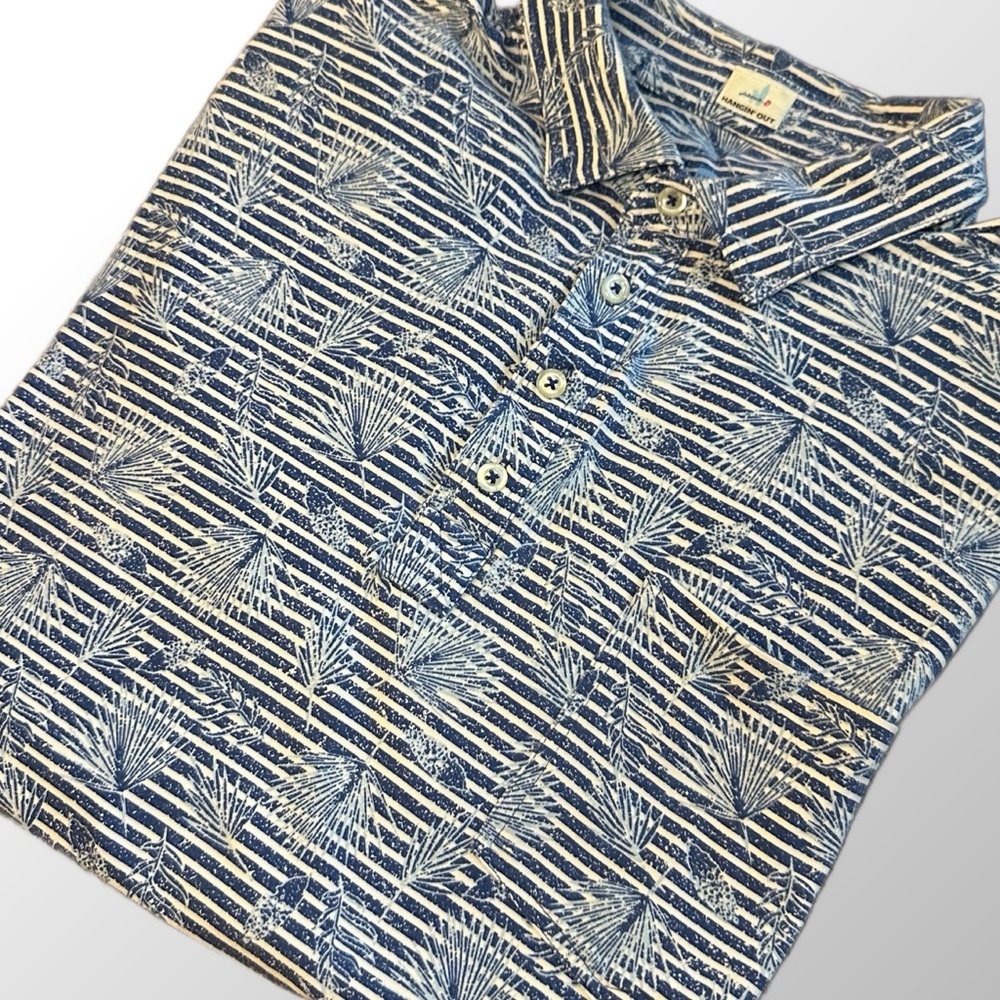 Johnnie-O Polo Men’s XXL Oceanside Blue & White Print‎ Hangin’ Out Freddie Shirt